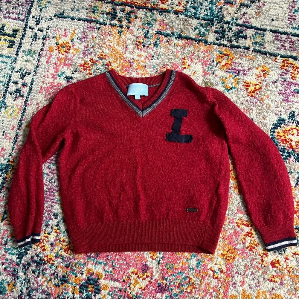 Kids Lanvin Letterman Wool Red Blue Vneck Sweater‎